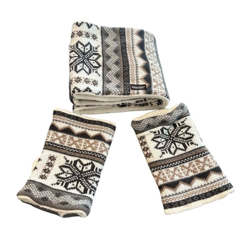 Muk Luks Fair Isle Knit Infinity Scarf & Wrist Warmers Nordic Winter Cream Gray